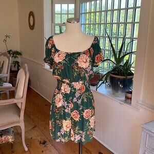 American Eagle Green Pink Romper Size M Adjustable Strap Elastic Waist